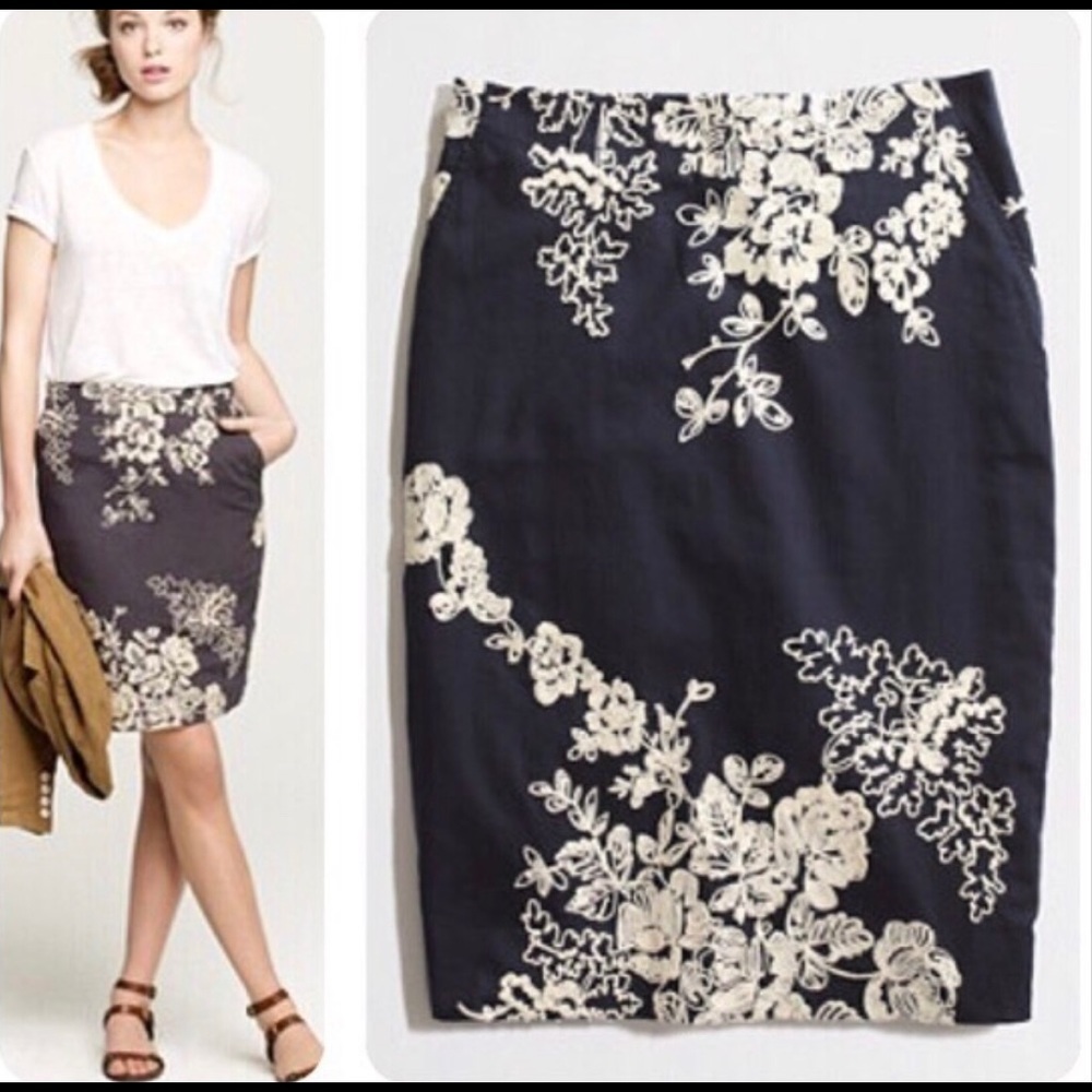 J Crew Floral Embroidered Pencil Skirt Size 2